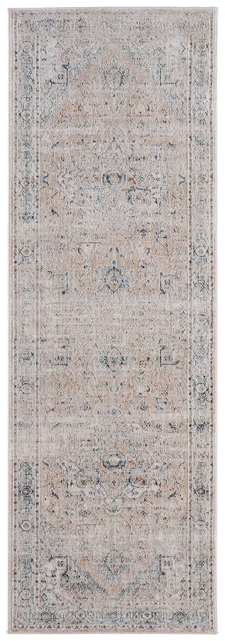 8' Ivory Taupe And Blue Oriental Distressed Runner Rug With Fringe