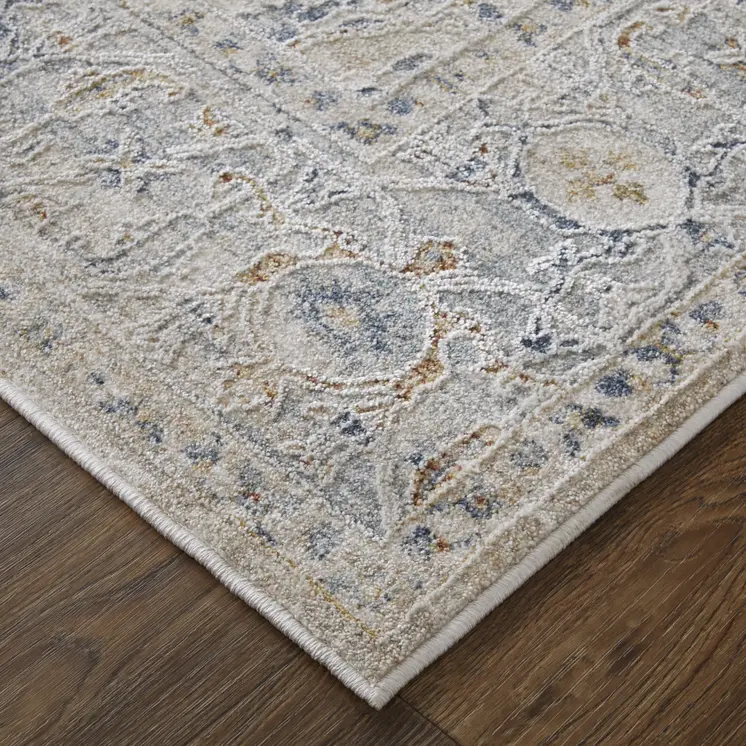 8' Ivory Taupe And Blue Oriental Distressed Runner Rug With Fringe