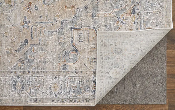 8' Ivory Taupe And Blue Oriental Distressed Runner Rug With Fringe