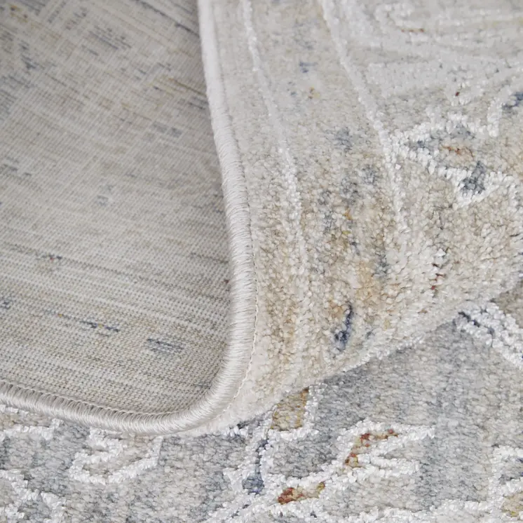 8' Ivory Taupe And Blue Oriental Distressed Runner Rug With Fringe