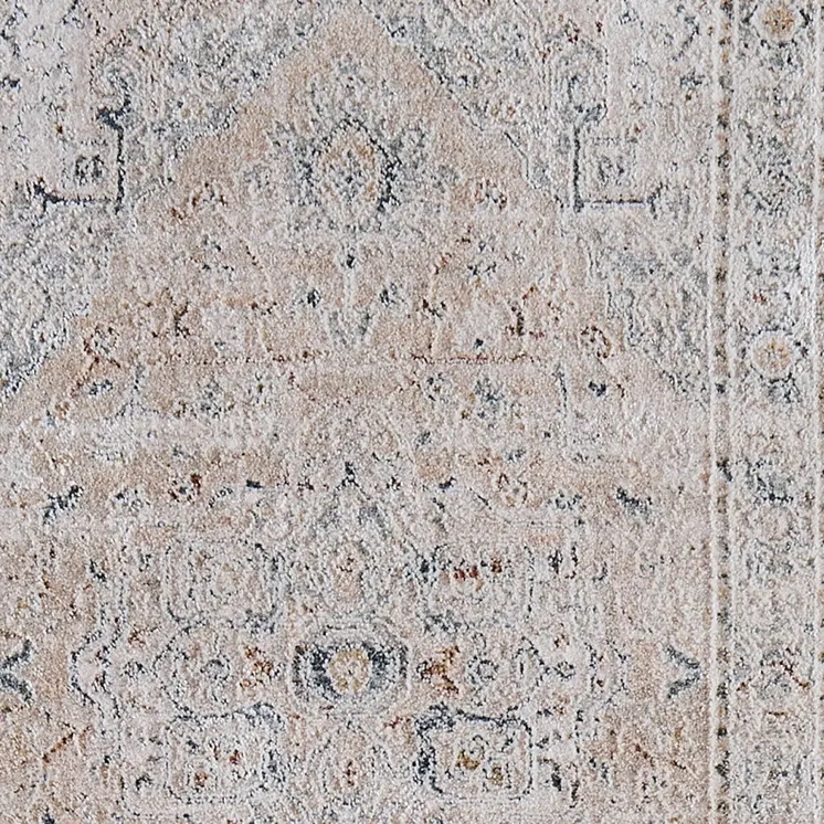 8' Ivory Taupe And Blue Oriental Distressed Runner Rug With Fringe