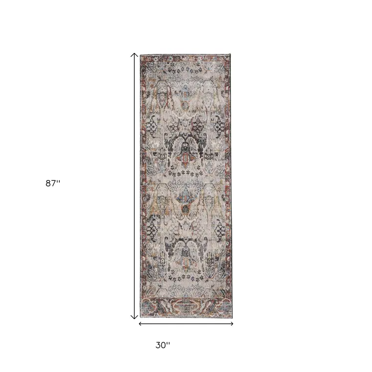 8' Ivory Red And Gray Ikat Runner Rug