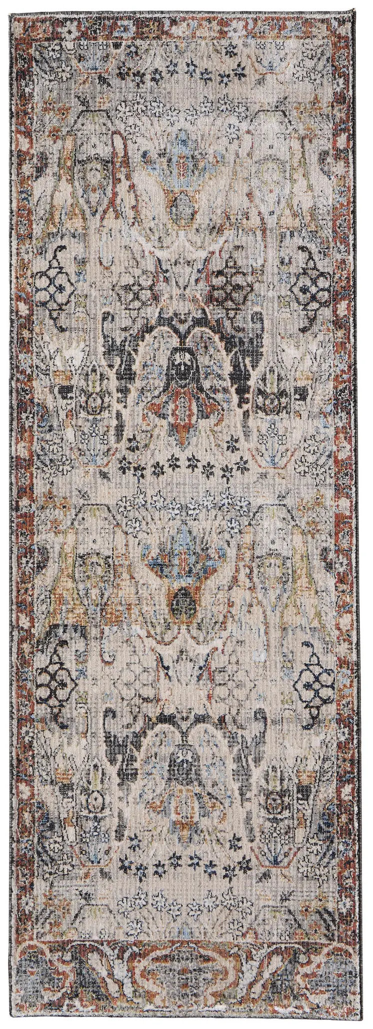 8' Ivory Red And Gray Ikat Runner Rug