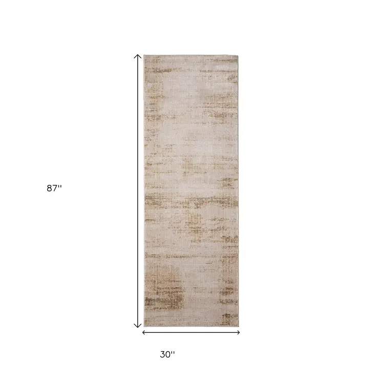 8' Ivory Brown And Tan Abstract Distressed Runner Rug