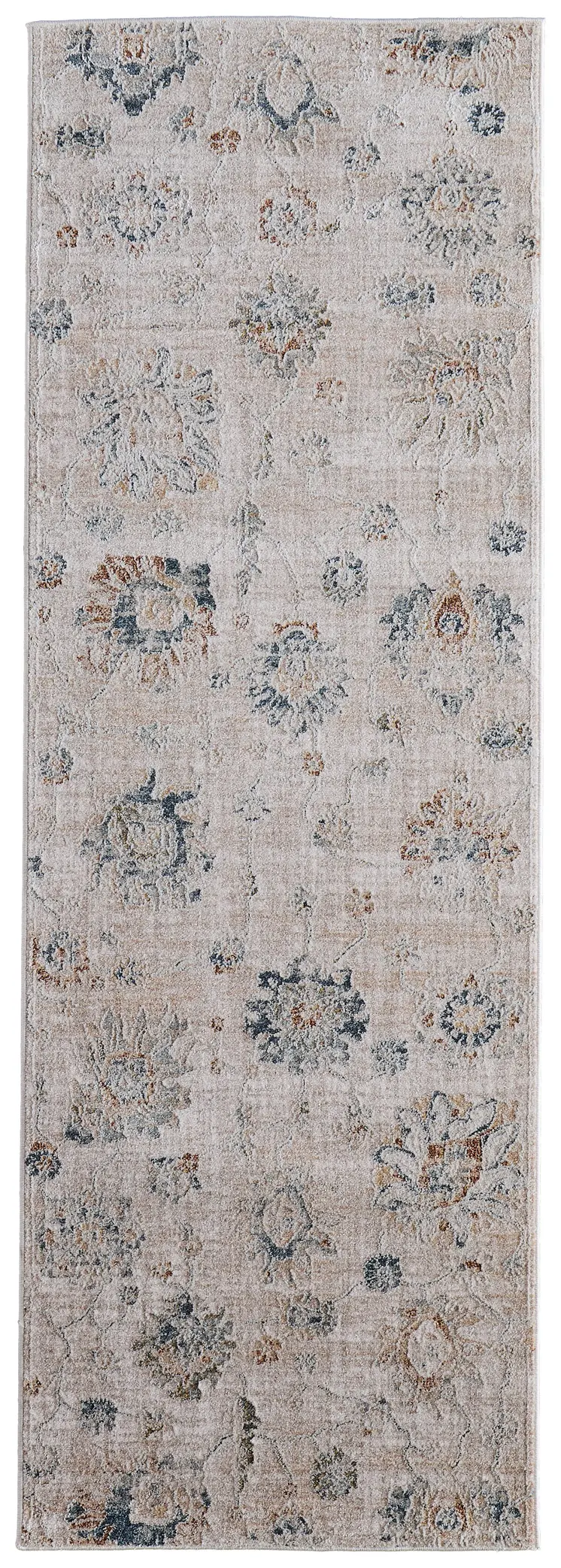 8' Taupe Ivory And Blue Floral Distressed Runner Rug With Fringe