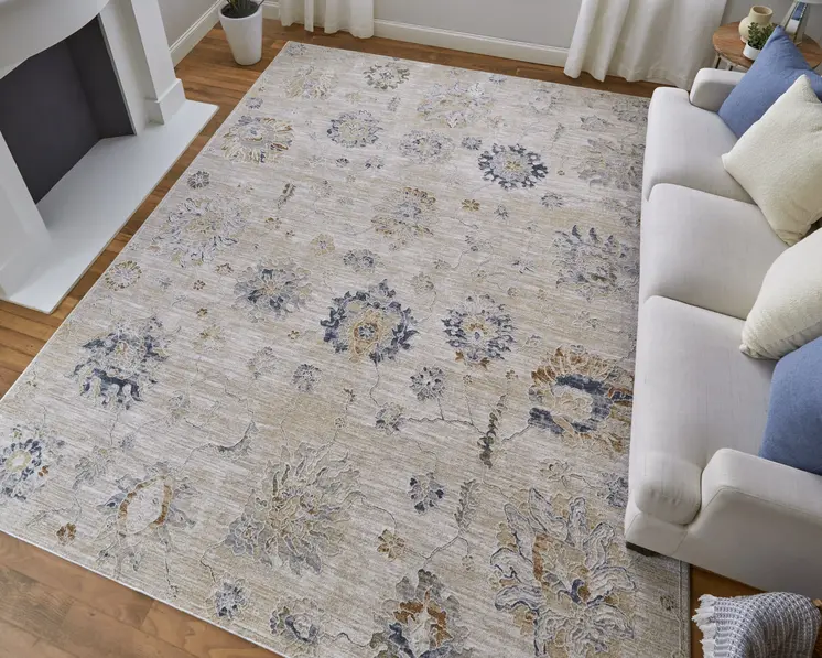 8' Taupe Ivory And Blue Floral Distressed Runner Rug With Fringe