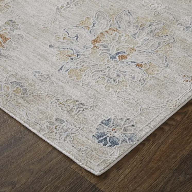 8' Taupe Ivory And Blue Floral Distressed Runner Rug With Fringe