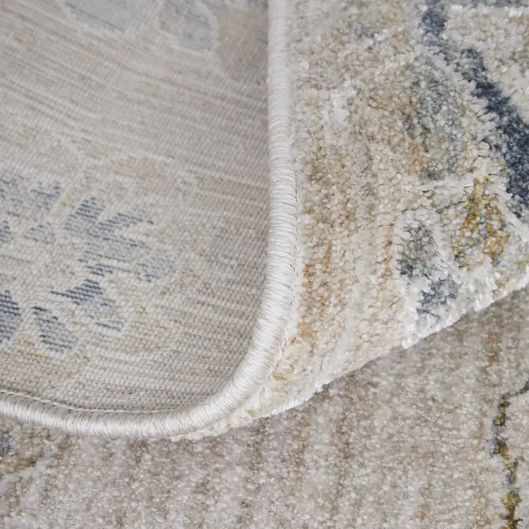 8' Taupe Ivory And Blue Floral Distressed Runner Rug With Fringe