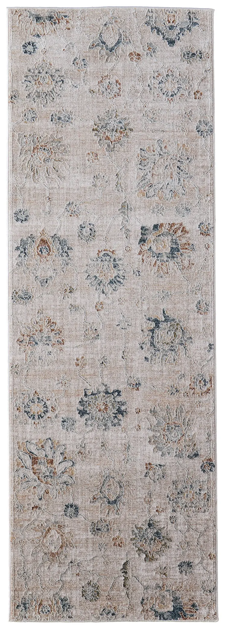 8' Taupe Ivory And Blue Floral Distressed Runner Rug With Fringe
