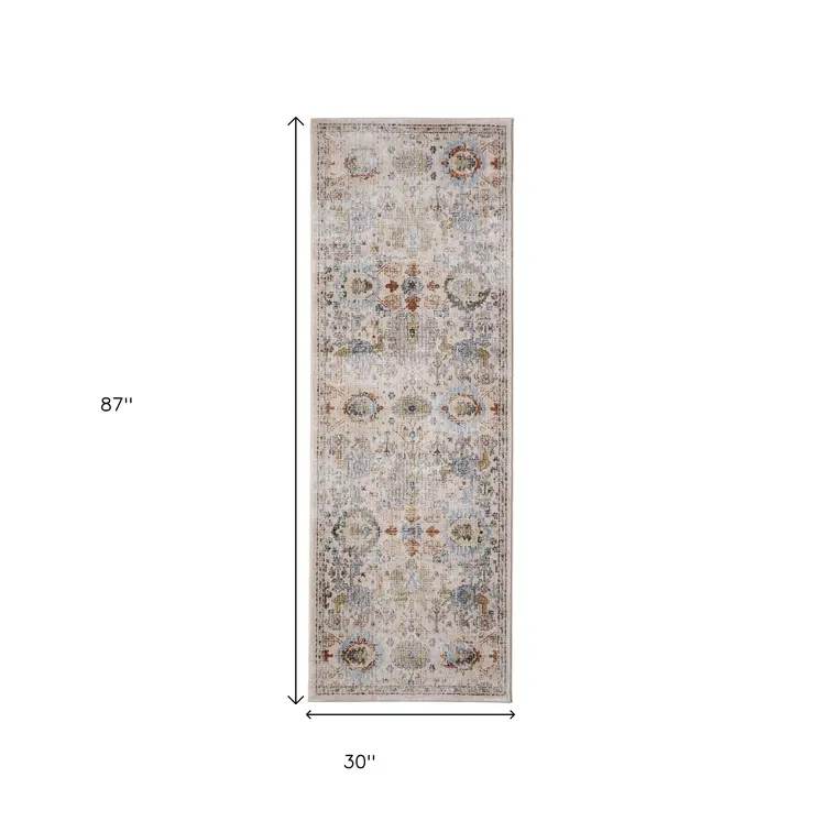 8' Tan Blue And Red Floral Runner Rug