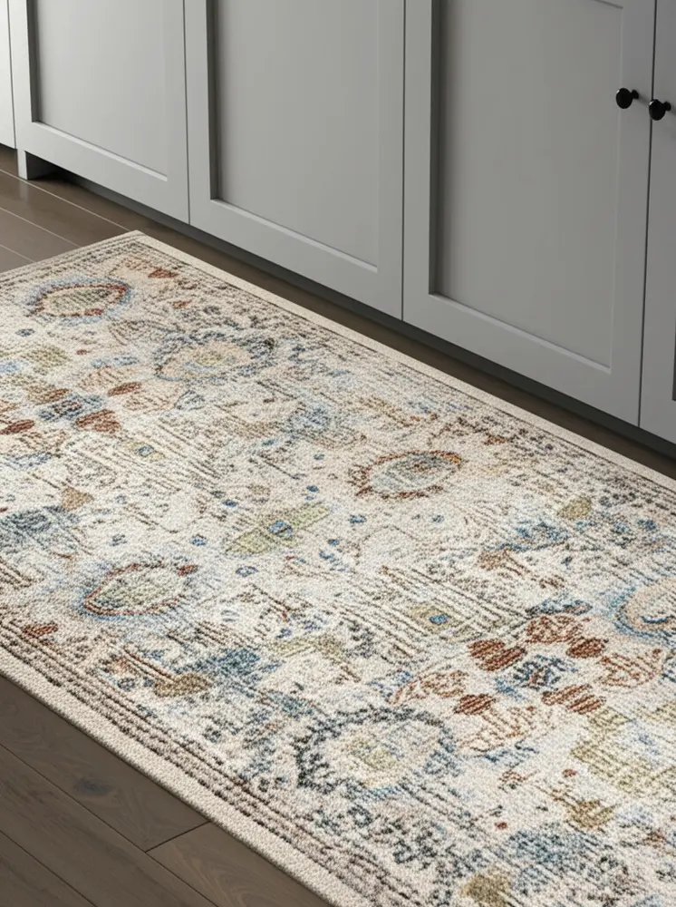 8' Tan Blue And Red Floral Runner Rug