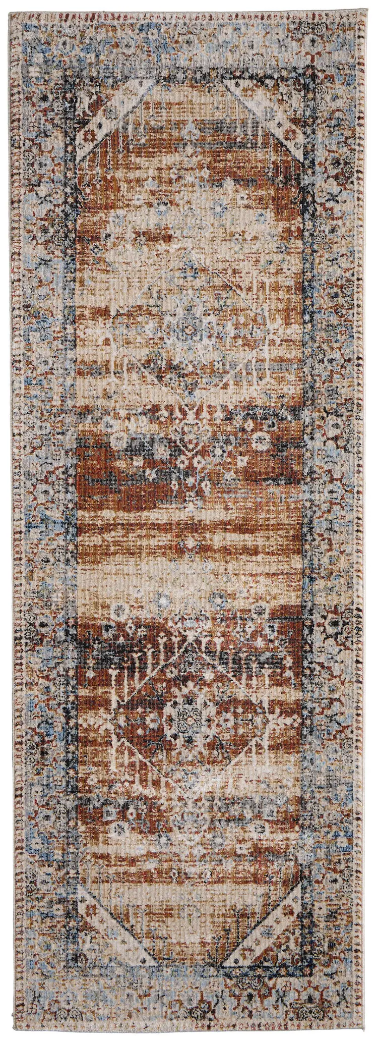 8' Ivory Red And Blue Abstract Distressed Runner Rug