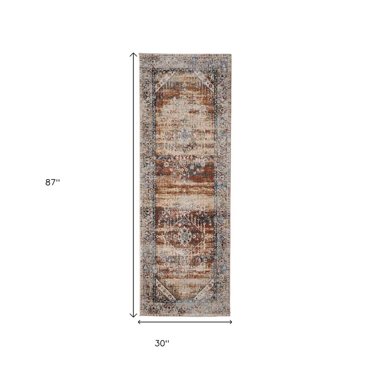 8' Ivory Red And Blue Abstract Distressed Runner Rug