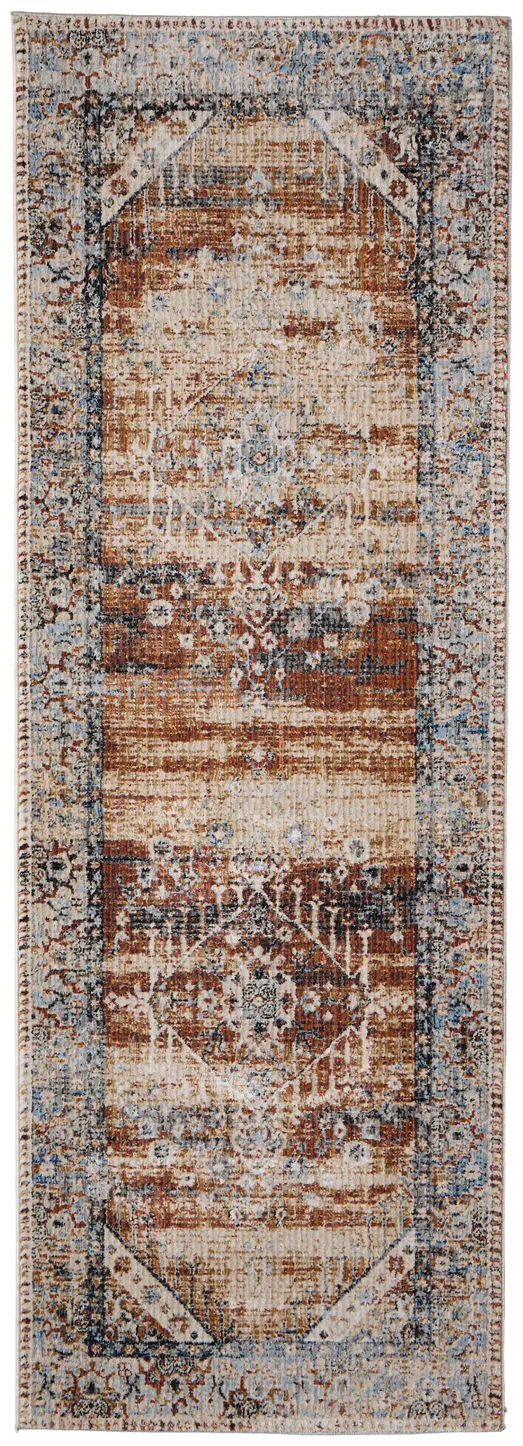 8' Ivory Red And Blue Abstract Distressed Runner Rug