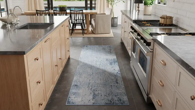 8' Blue And Black Abstract Runner Rug