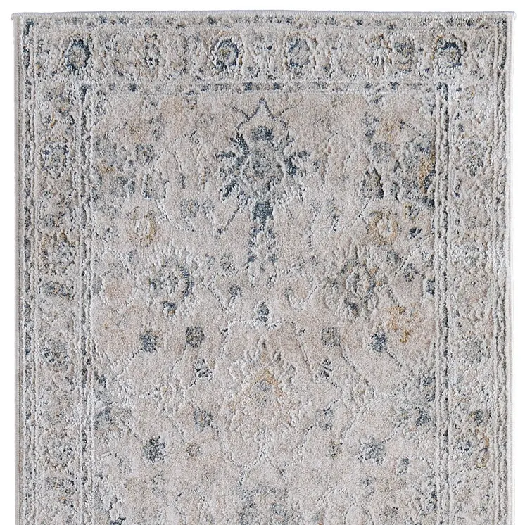 8' Ivory Taupe And Blue Floral Distressed Runner Rug With Fringe