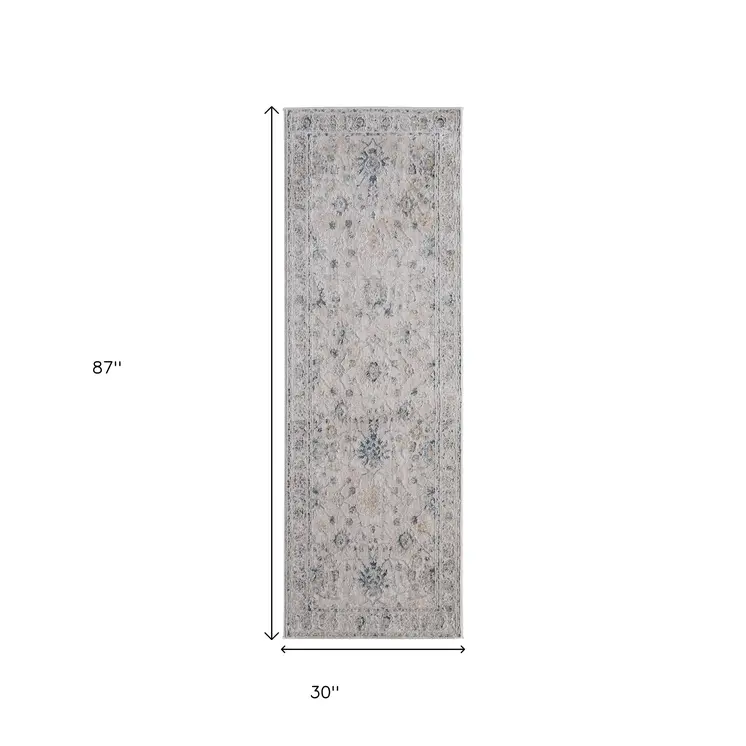 8' Ivory Taupe And Blue Floral Distressed Runner Rug With Fringe