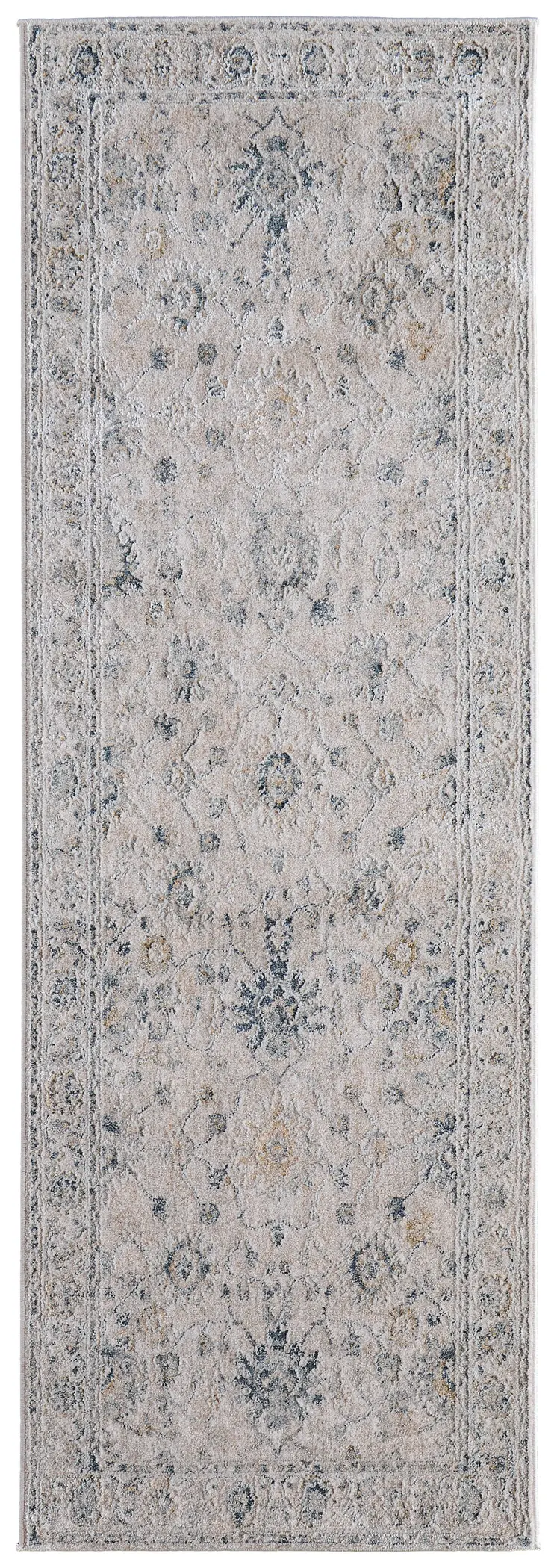 8' Ivory Taupe And Blue Floral Distressed Runner Rug With Fringe