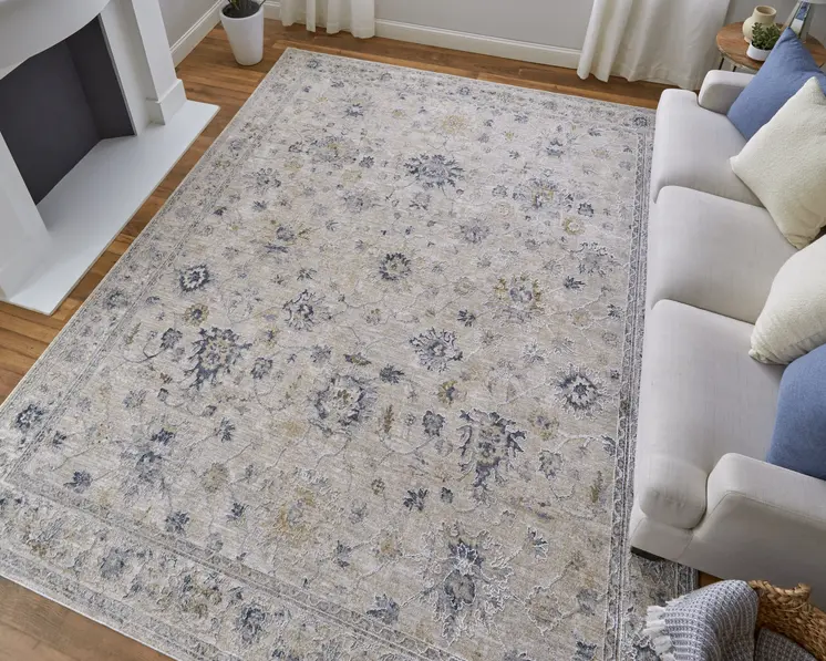 8' Ivory Taupe And Blue Floral Distressed Runner Rug With Fringe