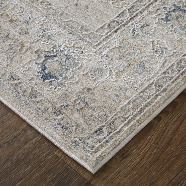8' Ivory Taupe And Blue Floral Distressed Runner Rug With Fringe