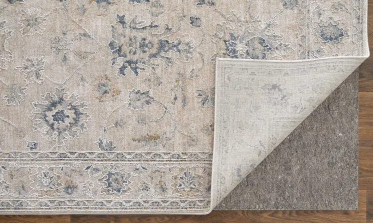 8' Ivory Taupe And Blue Floral Distressed Runner Rug With Fringe