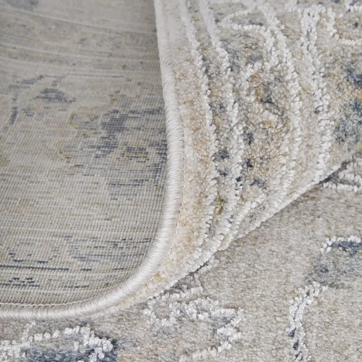 8' Ivory Taupe And Blue Floral Distressed Runner Rug With Fringe