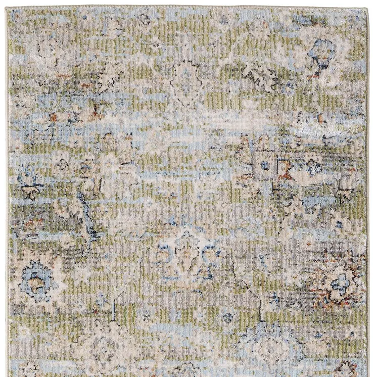 8' Green Ivory And Blue Floral Distressed Runner Rug
