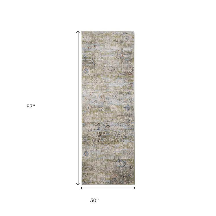 8' Green Ivory And Blue Floral Distressed Runner Rug