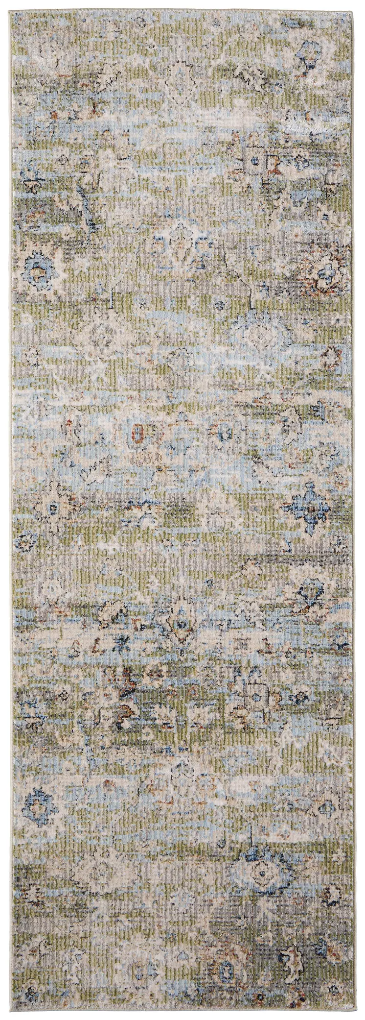 8' Green Ivory And Blue Floral Distressed Runner Rug