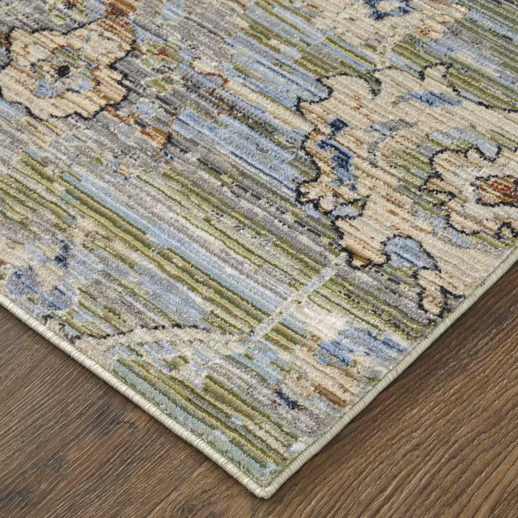 8' Green Ivory And Blue Floral Distressed Runner Rug