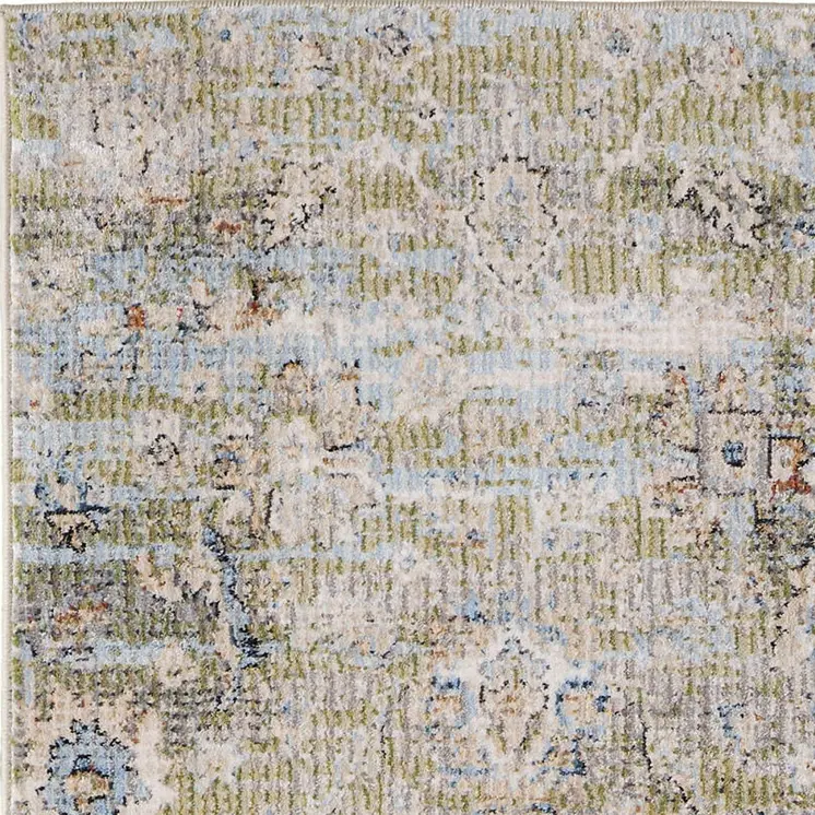 8' Green Ivory And Blue Floral Distressed Runner Rug