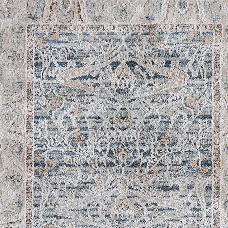 8' Blue Taupe And Ivory Ikat Distressed Runner Rug With Fringe