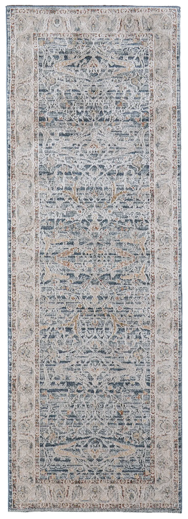8' Blue Taupe And Ivory Ikat Distressed Runner Rug With Fringe