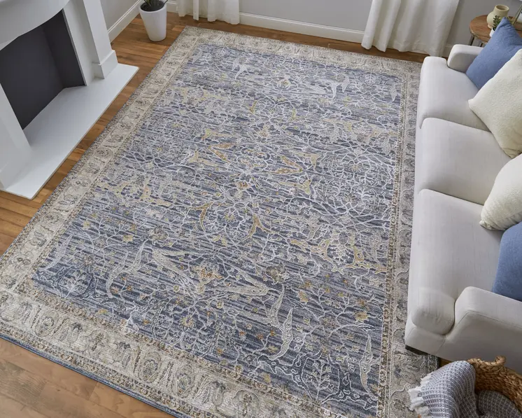8' Blue Taupe And Ivory Ikat Distressed Runner Rug With Fringe
