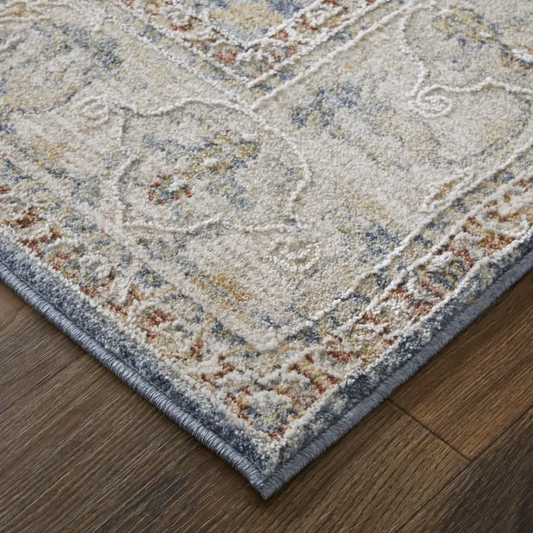8' Blue Taupe And Ivory Ikat Distressed Runner Rug With Fringe