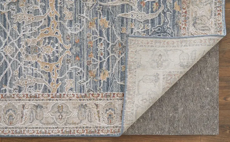 8' Blue Taupe And Ivory Ikat Distressed Runner Rug With Fringe
