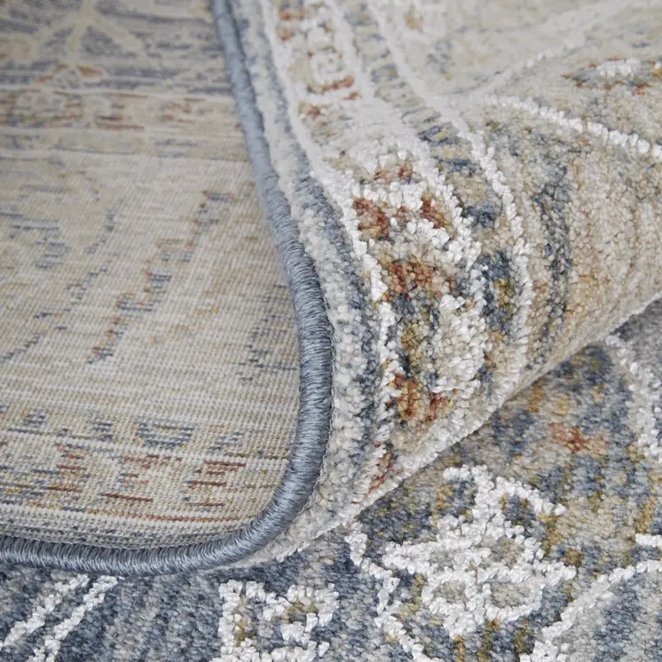 8' Blue Taupe And Ivory Ikat Distressed Runner Rug With Fringe