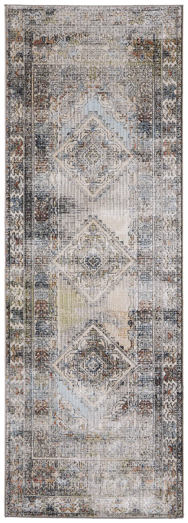 8' Gray Red And Blue Abstract Distressed Runner Rug