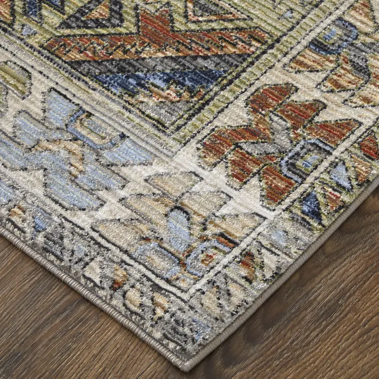 8' Gray Red And Blue Abstract Distressed Runner Rug