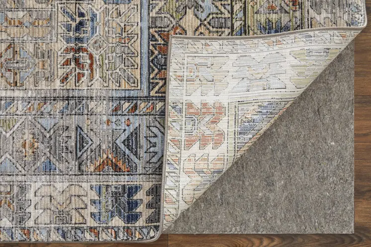 8' Gray Red And Blue Abstract Distressed Runner Rug