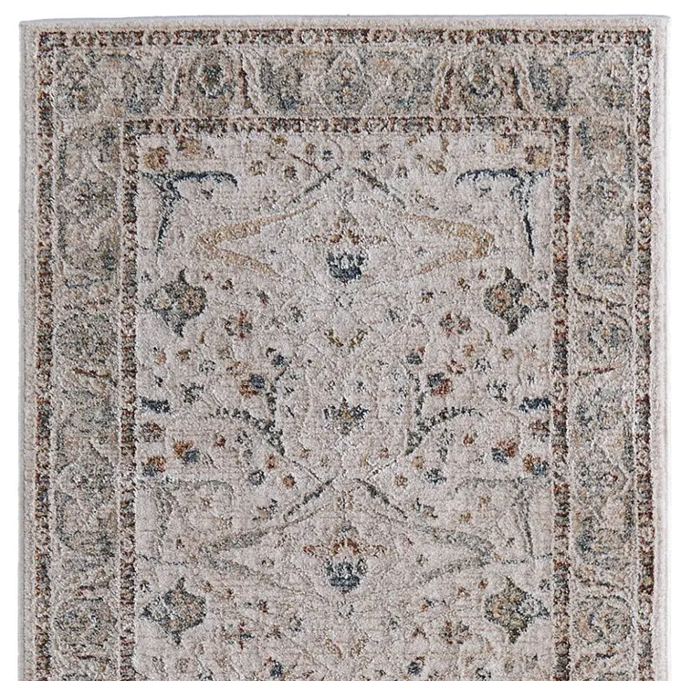 8' Ivory Blue And Red Ikat Distressed Runner Rug With Fringe