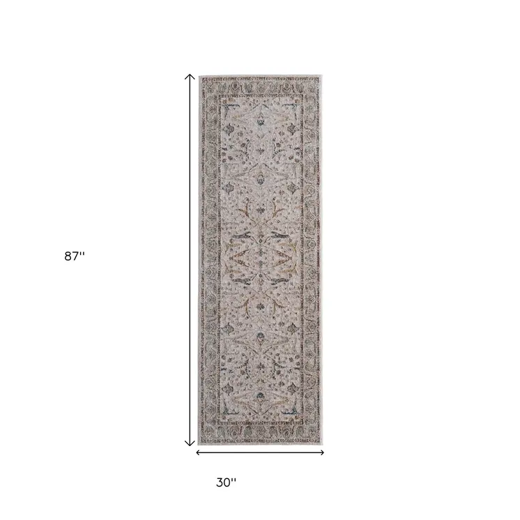 8' Ivory Blue And Red Ikat Distressed Runner Rug With Fringe