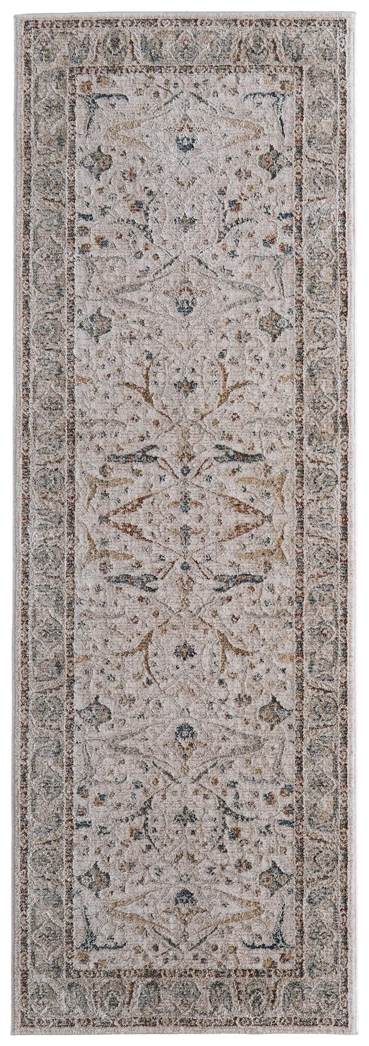 8' Ivory Blue And Red Ikat Distressed Runner Rug With Fringe