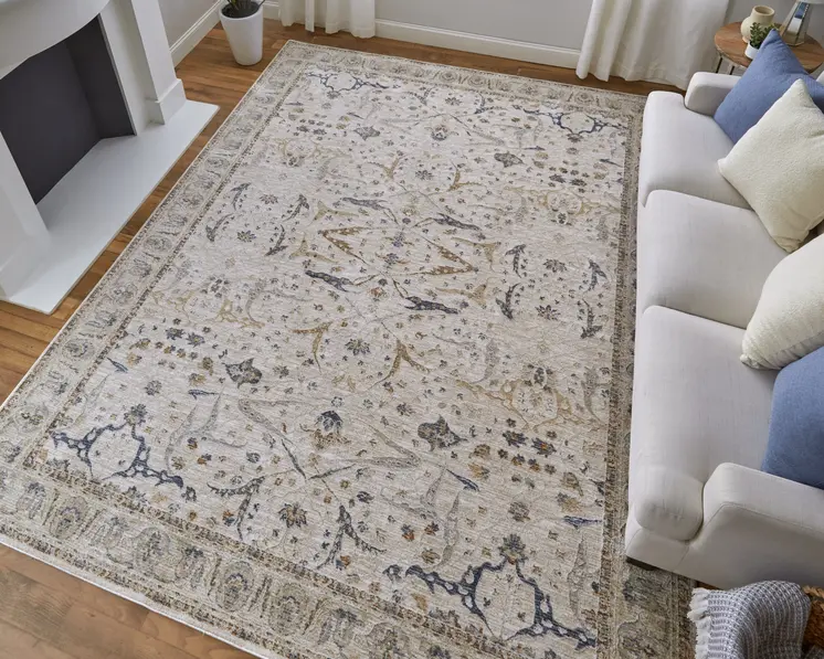 8' Ivory Blue And Red Ikat Distressed Runner Rug With Fringe