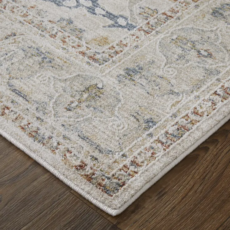 8' Ivory Blue And Red Ikat Distressed Runner Rug With Fringe