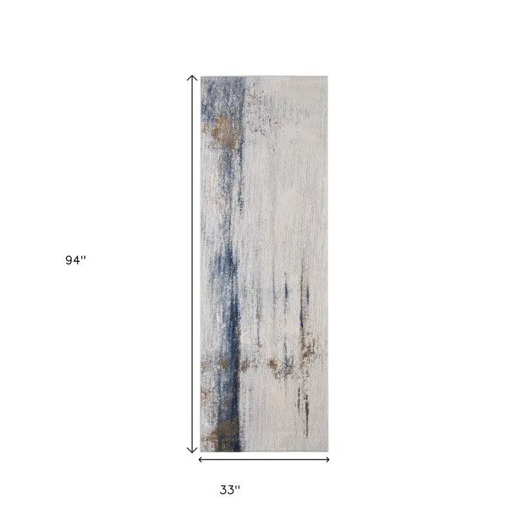 8' Ivory Blue And Brown Abstract Runner Rug