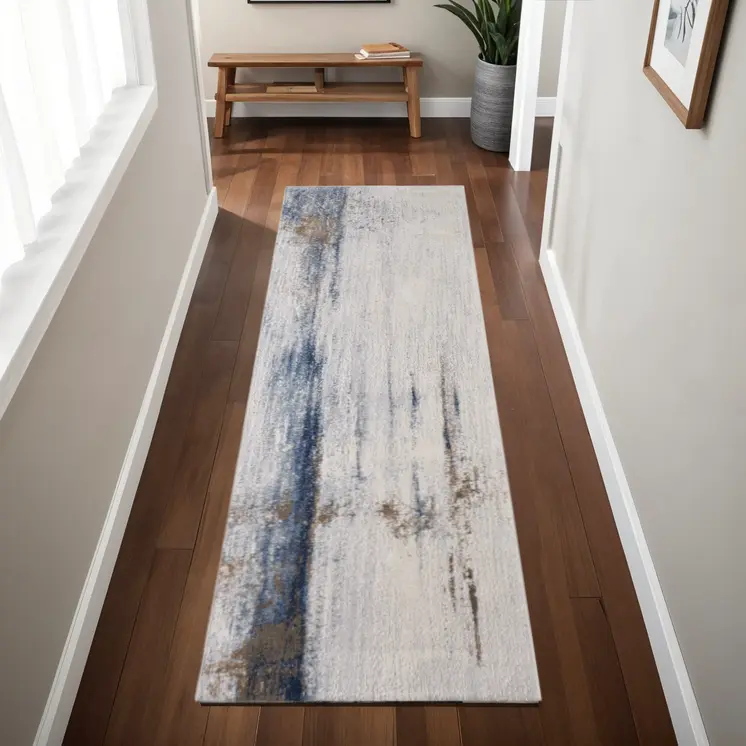 8' Ivory Blue And Brown Abstract Runner Rug