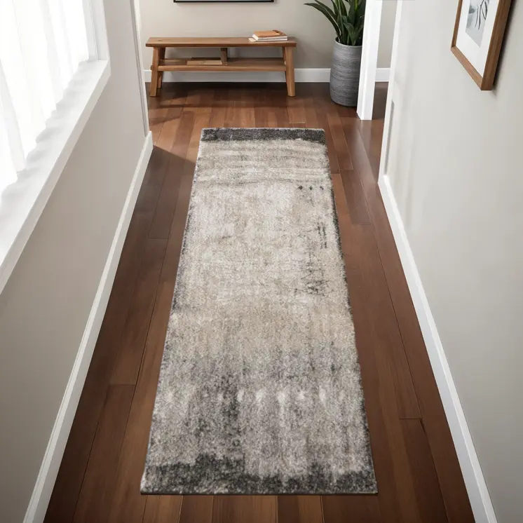 8' Gray Ivory And Taupe Abstract Distressed Runner Rug