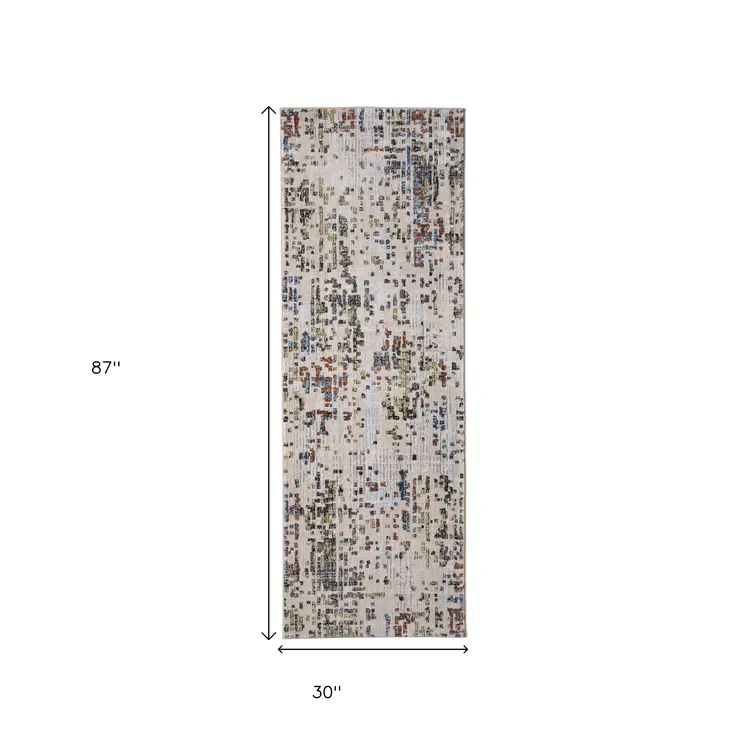 8' Ivory Green And Blue Abstract Runner Rug