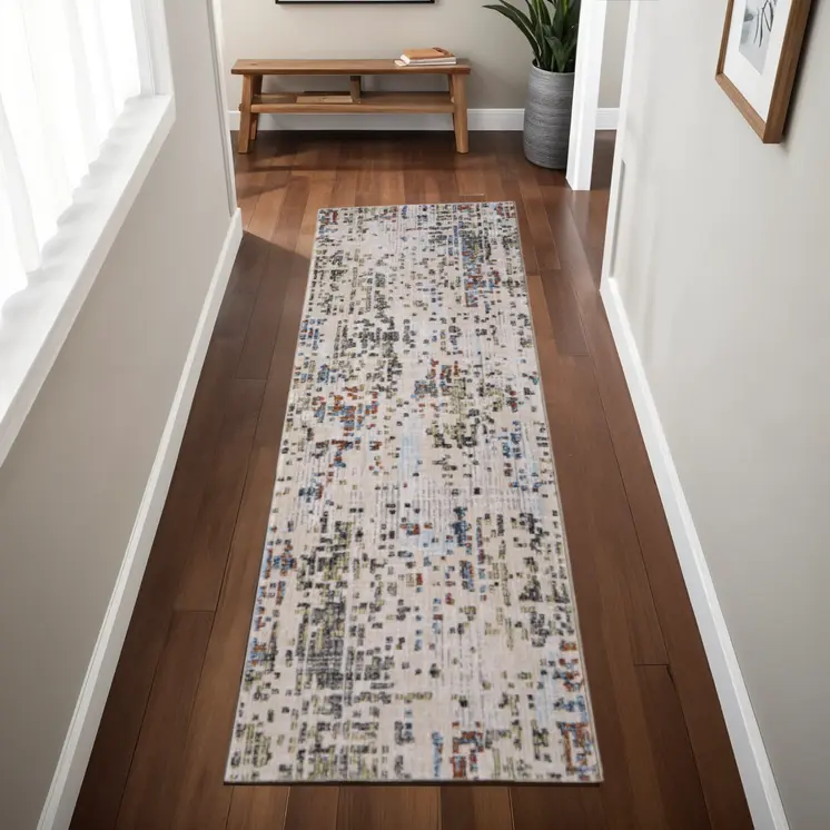 8' Ivory Green And Blue Abstract Runner Rug